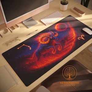 Aries Zodiac Desk Mat - Flameborne Champion Mouse Pad, Cosmic Fire Ram Design, Astrology Office Decor, Gamer Desk Mat