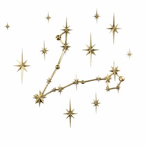 May include: A gold-toned metal wall art piece depicting the Pisces constellation. It features multiple star-shaped points connected by thin rods, with small spheres at specific junctions, creating a geometric representation of the zodiac sign.