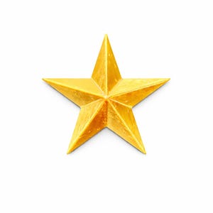 May include: A golden, five-pointed star against a white background. The star has a textured surface and a warm, metallic sheen. This decorative star could be used for holiday decor or craft projects.