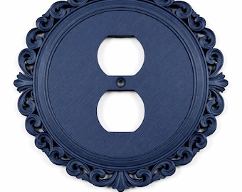 Victorian Duplex Outlet Cover: Ornate Round Wall Medallion, Navy Blue Home Décor