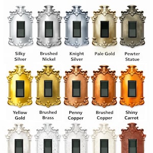May include: Image showcasing a variety of light switch plates in different finishes, including Silky Silver, Brushed Nickel, and Pewter Statue. The text "Wolf Smoak Manor Home Finishing Colors" is at the top. Each plate has a rectangular switch opening.