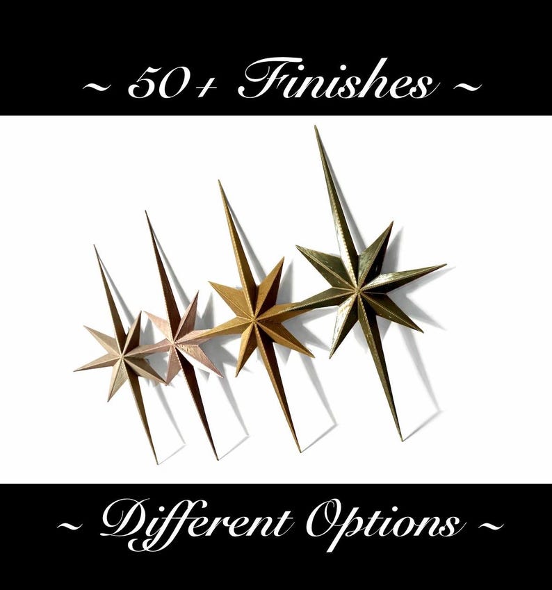May include: Four star-shaped decorative objects in varying metallic finishes, including gold and bronze, are arranged against a white background. The image includes the text "~ 50+ Finishes ~" and "~ Different Options ~".