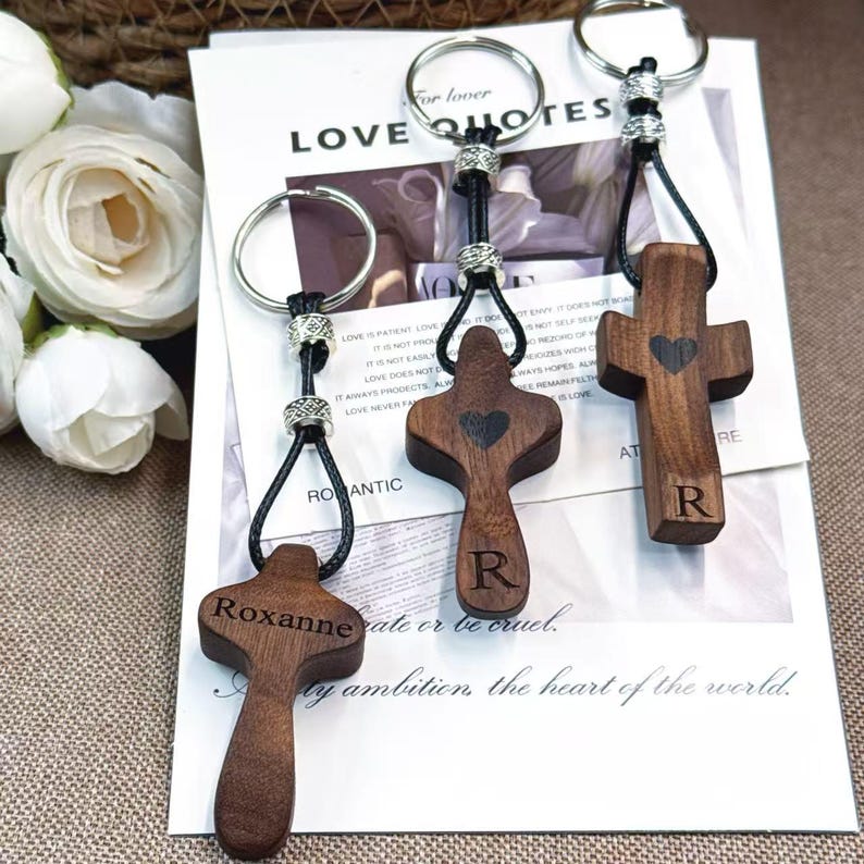 Engraved Walnut Cross Keychain, Personalized Faith Gift - Etsy