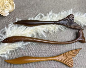 Handcarved Mermaid Tail & Whale Wooden Hair pins | Personalized Name Engraving