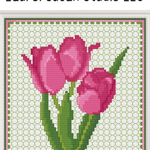 Pink Tulips Cross Stitch Pattern, PDF Digital, Spring Flowers Easter Bloom Floral Bright Green