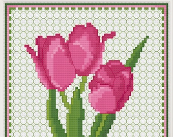 Pink Tulips Cross Stitch Pattern, PDF Digital, Spring Flowers Easter Bloom Floral Bright Green