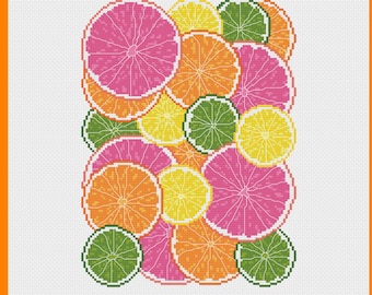 May include: A cross stitch pattern featuring a colorful arrangement of citrus fruit slices, including pink grapefruit, orange, lemon, and lime. The pattern is framed in a white frame with an orange border. The text "Laurel Susan Studio LLC PDF" is at the bottom of the image.
