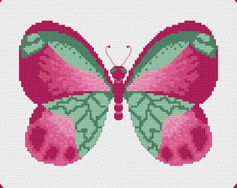 Pink and Green Butterfly Cross Stitch Pattern, PDF Digital, Magenta Whimsical Butterfly Spring