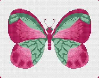Pink and Green Butterfly Cross Stitch Pattern, PDF Digital, Magenta Whimsical Butterfly Spring
