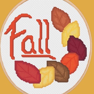 Autumn Fall Leaves Cross Stitch Pattern, PDF Digital, Leaf Orange Brown Yellow