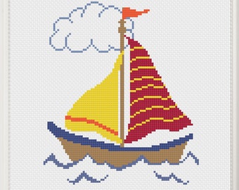 Sailboat Cute Cross Stitch Pattern, PDF Digital, Bright Ocean Waves, Beginner Easy