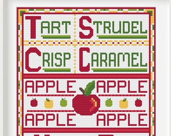 Apple Apples Treats Cross Stitch Pattern, PDF Digital, Food Kitchen Autumn Fall Pie Caramel Crisp