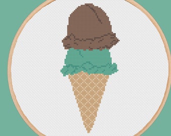 Double Scoop Ice Cream Cone Cross Stitch Pattern, PDF Digital, Easy Beginner Chocolate Ice Cream Dessert