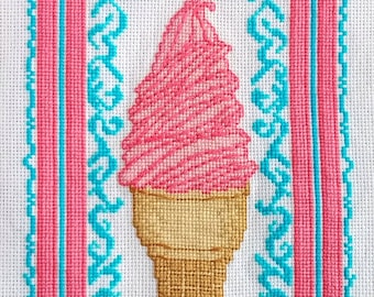 Pink Swirl Ice Cream Cone Cross Stitch Pattern, PDF Digital, Soft Serve Dessert Summer