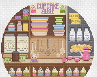 Cupcake Shop Desserts Food Hoop Scene Cross Stitch Pattern, PDF Digital, Cupcakes Coffee Kitchen Cafe Cake Bakery Challenging