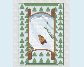 Schema punto croce slittino invernale, montagne slitta abeti alberi sempreverdi, PDF digitale, download immediato