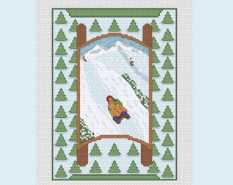 Cross Stitch Pattern Winter Sledding, Sled Mountains Fir Evergreen Trees, PDF Digital, Instant Download