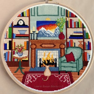 Cozy Library Cross Stitch Pattern: Fireplace, Books, Cat (PDF Digital Download)