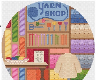 Yarn Shop Knitting Needles Scissors Crochet Hoop Scene Cross Stitch Pattern, PDF Digital, Sweater Challenging