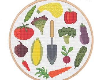 Veggie Garden Cross Stitch Pattern, PDF Digital, Vegetables Plants Carrots Corn Cucumbers Squash Spade