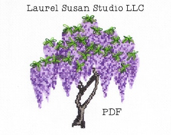 Wisteria Cross Stitch Pattern, PDF Digital, Spring Purple Lavender Violet Flowers, Blossoms