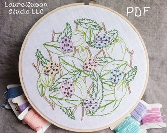 Ladybugs Hand Embroidery Pattern PDF Digital, Ladybug Pastel Leaves Spring Summer Delicate Insect Beetle Ladybird