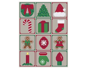 Christmas Mini, Miniature, Cross Stitch Patterns, PDF Digital, Twelve, Easy, Beginner, Quick Stitch, Cards, Gift Tags, Wreath, Stocking