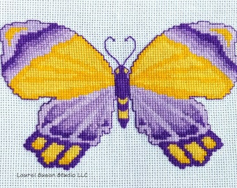 Yellow and Purple Butterfly Cross Stitch Pattern, PDF Digital, Lavender Whimsical Butterfly Spring