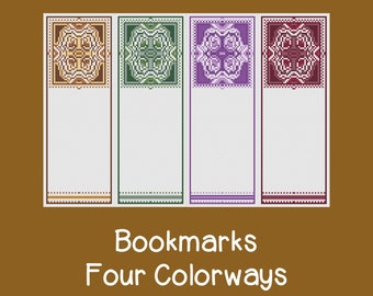 Bookmarks Cross Stitch Patterns, PDF Digital, Brown, Green, Purple, Red, Four Colorways, DMC Light Effects