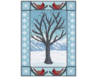 Winter Tree Snow Cardinals Red Birds Field Landscape Cross Stitch Pattern, PDF Digital