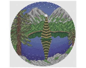 Christmas Tree on the Lake Hoop Scene Cross Stitch Pattern, PDF Digital, Mountains, Trees, Full Coverage