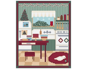 Christmas Baking Cross Stitch Pattern, PDF Digital, Grandma Grandmother Retro Kitchen Cooking