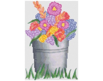 Pail of Flowers Cross Stitch Pattern, PDF Digital, Pastels, Watercolor