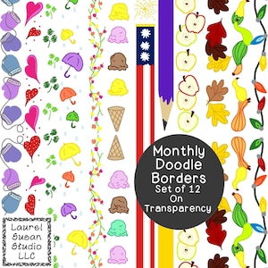 May include: A set of 12 doodle borders on transparency. The borders feature various themes, including hearts, umbrellas, ice cream cones, fireworks, apples, leaves, gourds, and Christmas lights.
