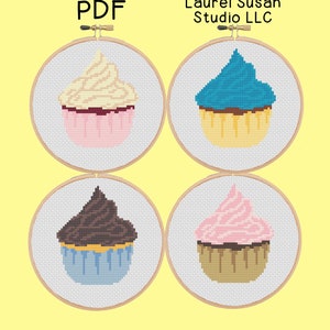 Patrón de punto de cruz Cupcake helado Postre Horneado Cocina Pastel Dulces Cumpleaños, PDF Digital, Fácil Principiante Cuatro Maneras de Color