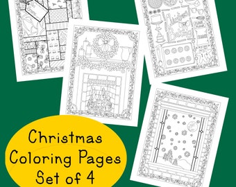 Coloring Pages Adult Christmas Holiday, PDF Printable Set of Four, Baking Gifts Snow Fireplace Wreath