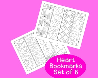 Heart Bookmarks PDF Printable Coloring Page Valentines Day Activity, Set of 8 Adult Coloring