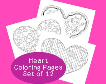 Coloring Pages Adult Coloring Heart Hearts Valentine's Day Printable, PDF, Set of Twelve