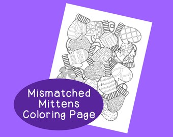 Mittens Coloring Page, Adult Coloring Page, Winter Snow Ice Coloring, Mismatched Mittens