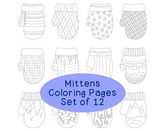 Winter Mitten Coloring Pages, PDF Printable Set of Twelve, Adult Coloring Pages