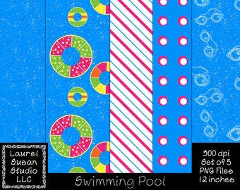 Seamless Swimming Pool Digital Papers PNG 300 dpi Set of 5 12 x 12 inches Summer Swim Ring Googles Pink Commercial Small Business