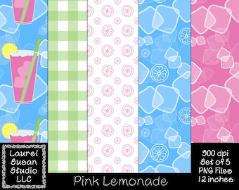 Seamless Pink Lemonade Digital Papers PNG 300 dpi Set of 5 12 x 12 inches Summer Lemon Ice Cubes Gingham Drink Commercial Small Business