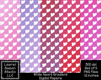 Valentine Heart Gradient Digital Papers PNG 300 dpi Set of 5 12 x 12 inches Red Pink Lavender Fuchsia White Commercial Small Business