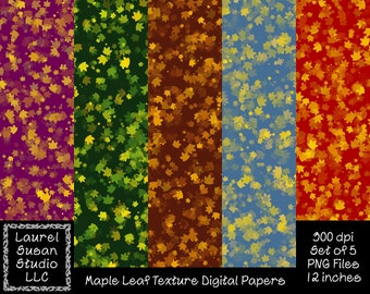 Maple Leaf Texture Digital Papers PNG 300 dpi Set of 5 12 x 12 inches Fall Autumn Commercial Small Business