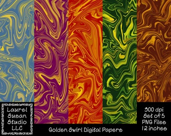 Gold Swirl Marble Digital Papers PNG 300 dpi Set of 5 12x12 inches Fall Autumn Abstract Ripple Marbleized Commercial Small Business