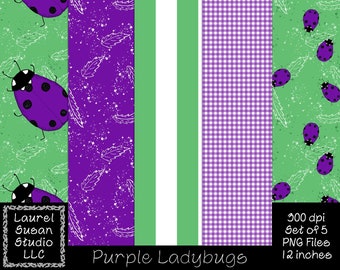 Seamless Purple Ladybugs Digital Papers PNG 300 dpi Set of 5 12 x 12 inches Summer Stripe Gingham Leaves Commercial Small Business