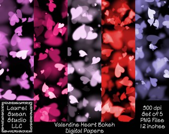 Valentine Heart Bokeh Digital Papers PNG 300 dpi Set of 5 12 x 12 inches Pink Lavender Red Fuchsia Hearts