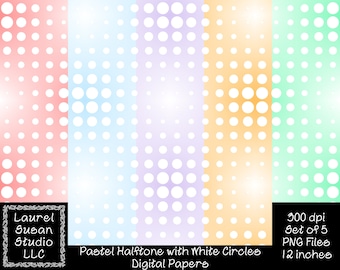 Seamless White Pastel Circles Halftone Digital Papers PNG 300 dpi Set of 5 12 x 12 inches Pink Blue Green Orange Commercial Small Business