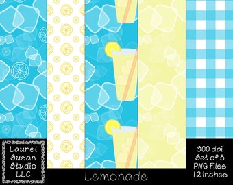 Seamless Lemonade Digital Papers PNG 300 dpi Set of 5 12 x 12 inches Summer Lemon Ice Cubes Gingham Drink Commercial Small Business