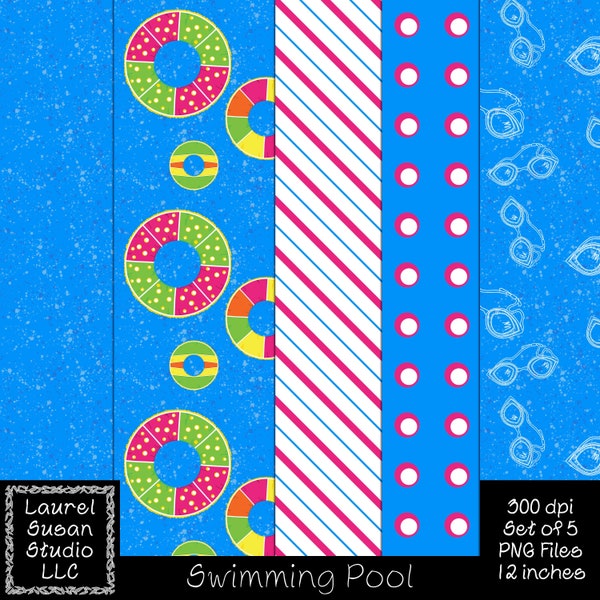 Seamless Swimming Pool Digital Papers PNG 300 dpi Set of 5 12 x 12 inches Summer Swim Ring Googles Pink Commercial Small Business